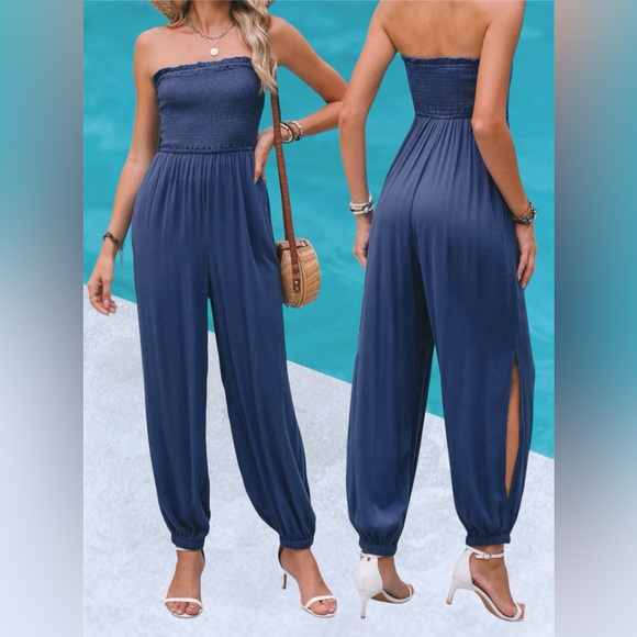 🛍️SALE🛍️ CUPSHE Blue Smocked Bodice Tube Top & Tapered Leg Jumpsuit - Picture 1 of 11